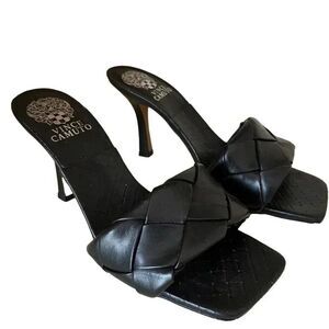 Vince Camuto womens black leather braided slip on high heels size 8